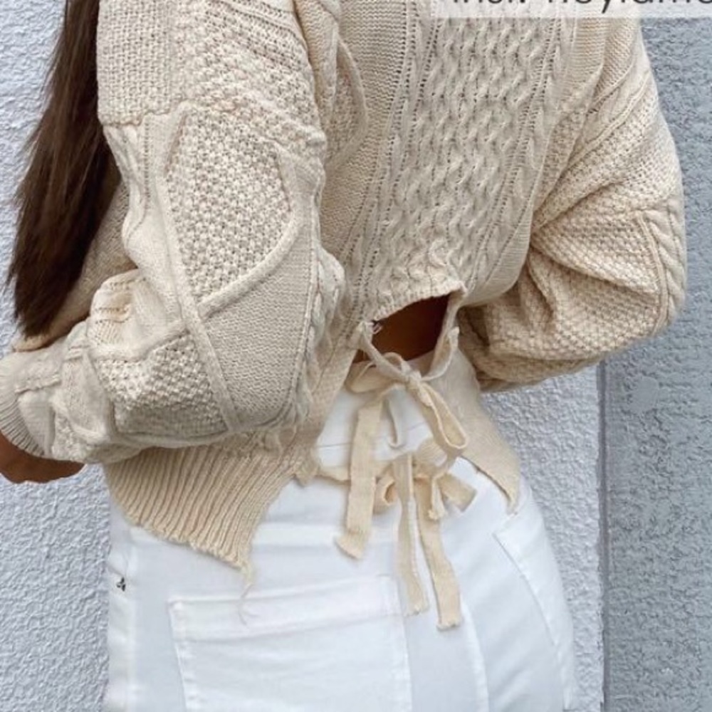 LAST 1! Cream Double Tie Up Back Cable Sweater - Picture 3 of 9